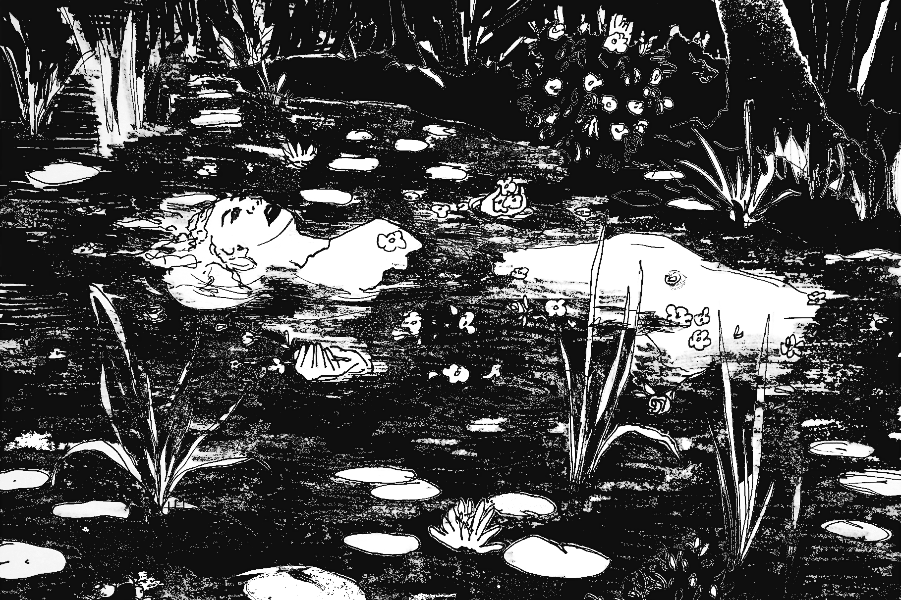 Black and white illustration of woman in a swamp with 'Magic Alligator' text at the top.